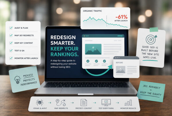Illustrated laptop showing an SEO traffic decline after a website redesign with redirect planning, analytics dashboard, and website migration workflow.