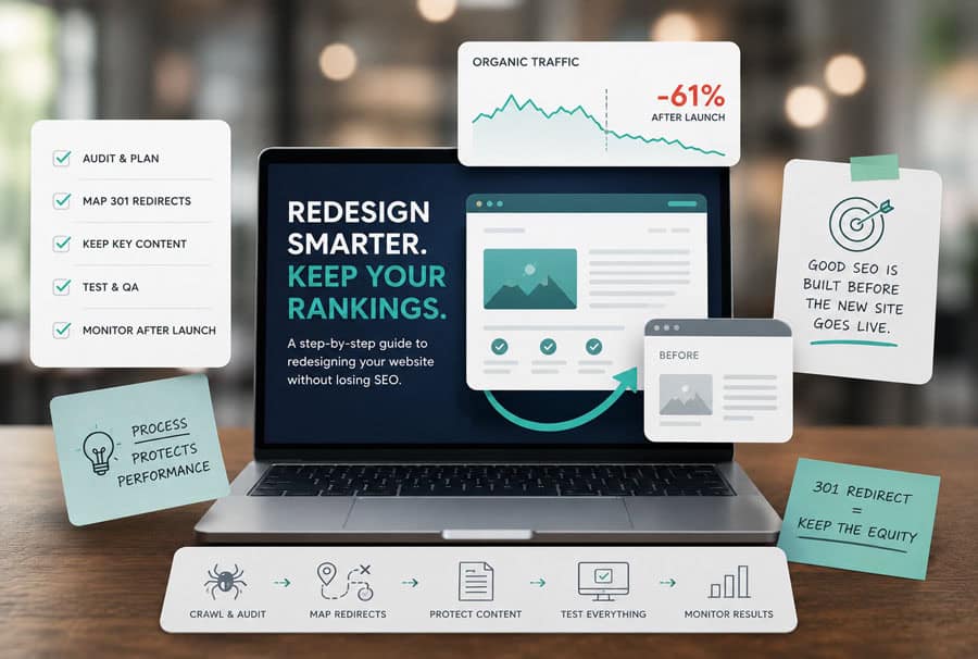 Illustrated laptop showing an SEO traffic decline after a website redesign with redirect planning, analytics dashboard, and website migration workflow.